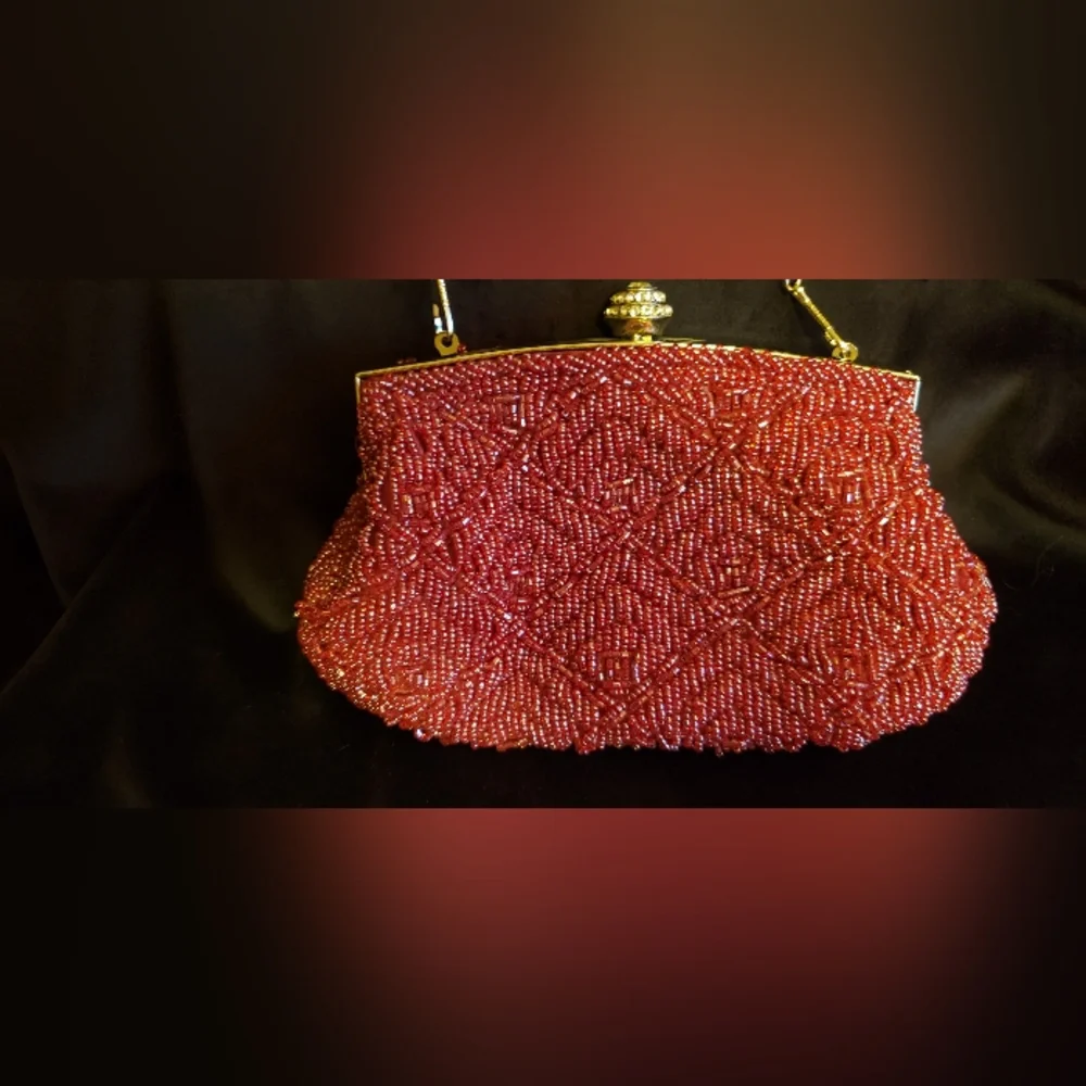 Red Beaded Clutch with Silvertone Chain Strap